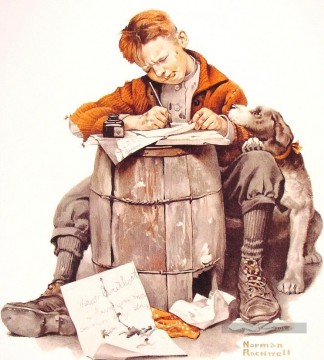 Norman Rockwell Painting - little boy writing a letter 1920 Norman Rockwell